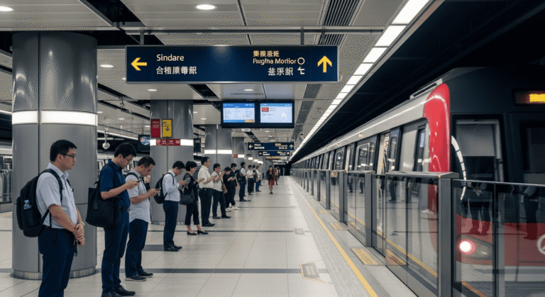 Singapore MRT Guide: A Singapore MRT train arriving at a clean modern platform with commuters and clear bilingual signage.