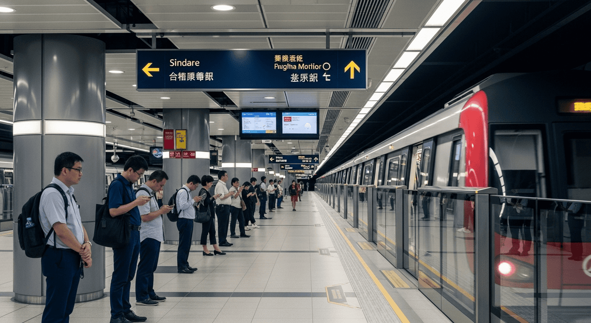 Singapore MRT Guide: A Singapore MRT train arriving at a clean modern platform with commuters and clear bilingual signage.