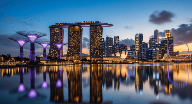 Singapore Travel Guide: Marina Bay Sands and Gardens by the Bay illuminated at night, representing Singapore travel planning.