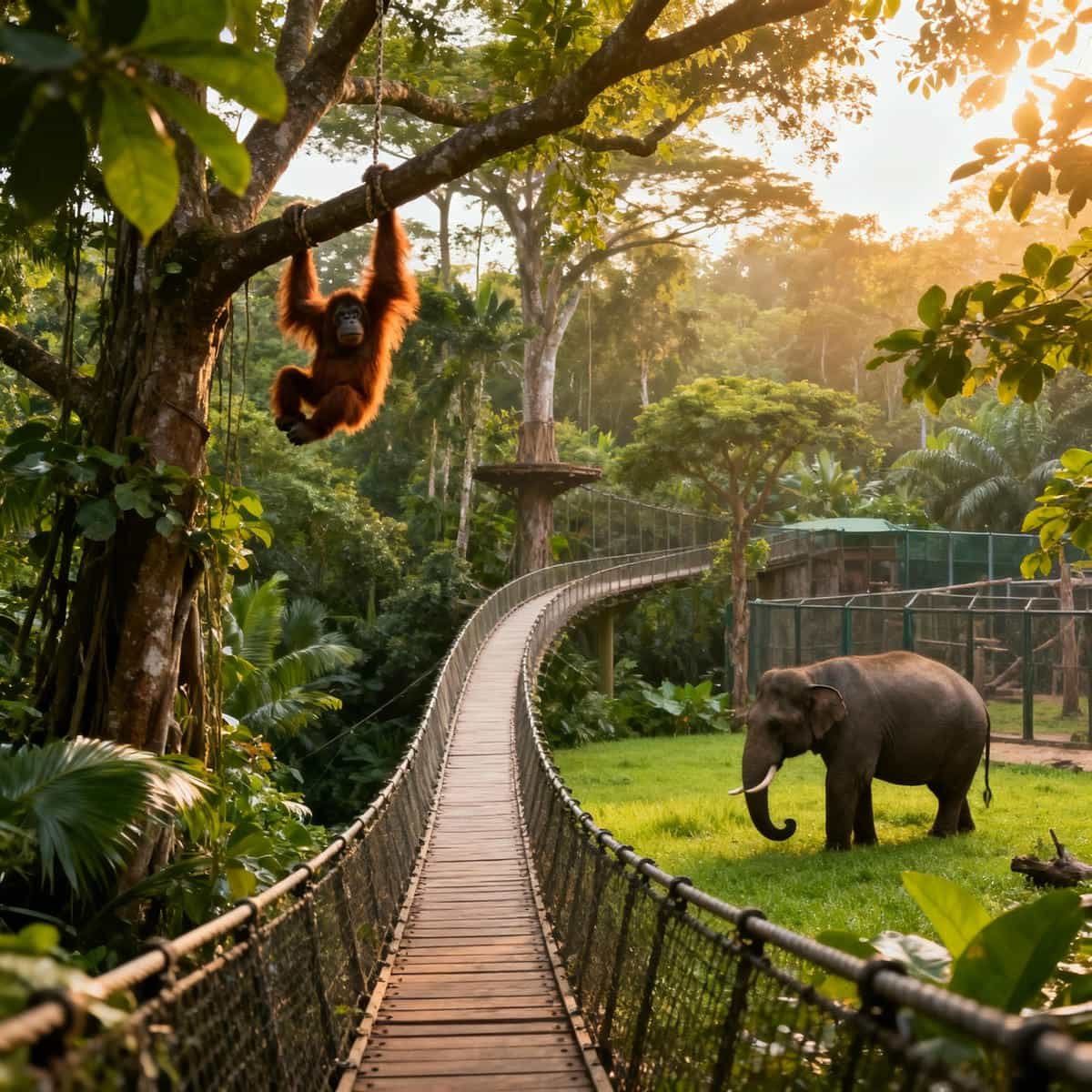 Lush rainforest habitat with animal enclosure at Singapore Zoo, Singapore. Singapore Zoo Tickets