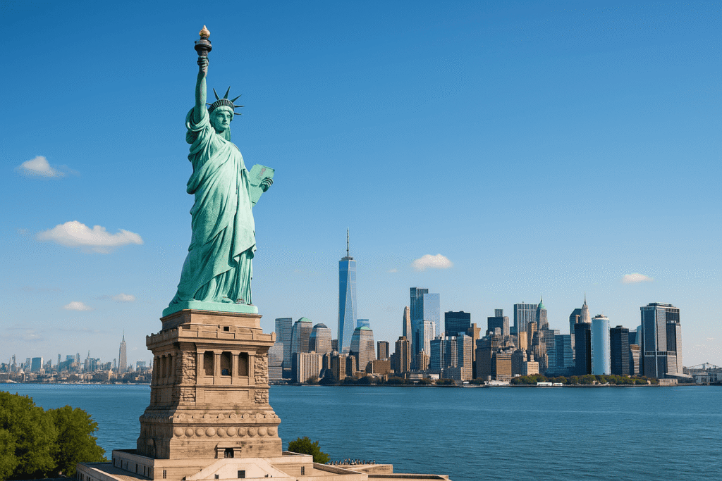The Statue of Liberty standing in New York Harbor with the Manhattan skyline behind.