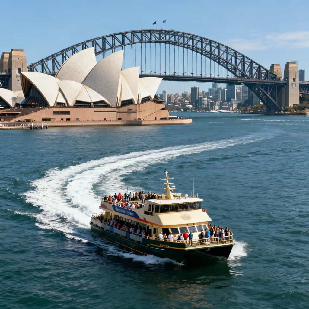 Sydney Harbour Coffee Cruise Tickets: Sightseeing cruise boat on Sydney Harbour passing Opera House and Harbour Bridge with city skyline.
