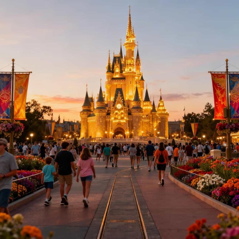 Visitors walking towards Cinderella Castle at Tokyo Disneyland during sunset, with colourful lights creating a magical theme park atmosphere.