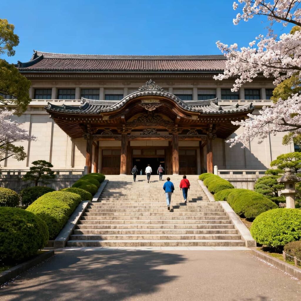 Front view of Tokyo National Museum Honkan building in Ueno Park with steps and greenery. Tokyo National Museum Tickets