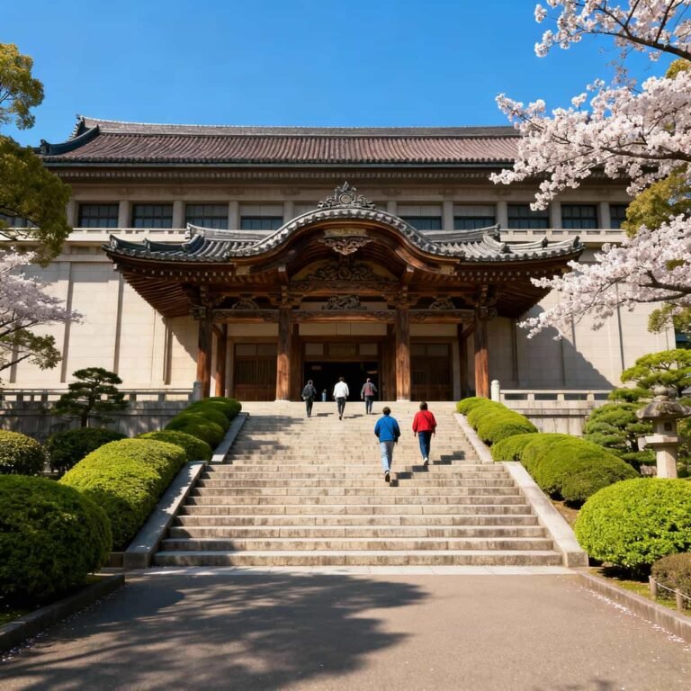 Front view of Tokyo National Museum Honkan building in Ueno Park with steps and greenery. Tokyo National Museum Tickets