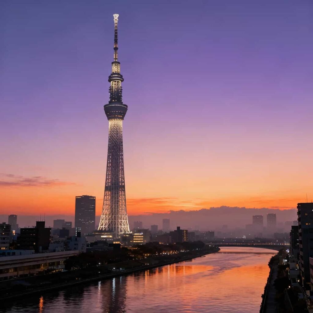Tokyo Skytree rising above Tokyo city skyline at sunset with lights glowing and Sumida River visible. Tokyo Skytree Tickets