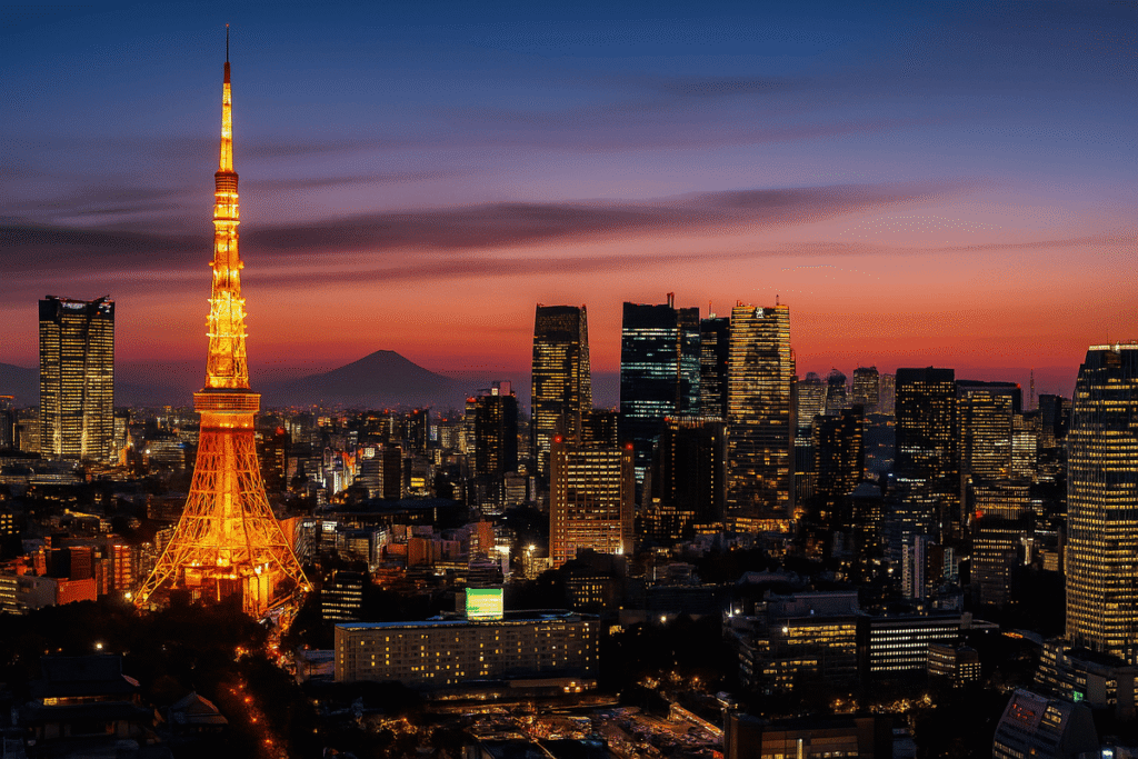 A panoramic view of Tokyo’s skyline at dusk with Tokyo Tower lit up and Mount Fuji in the distance.