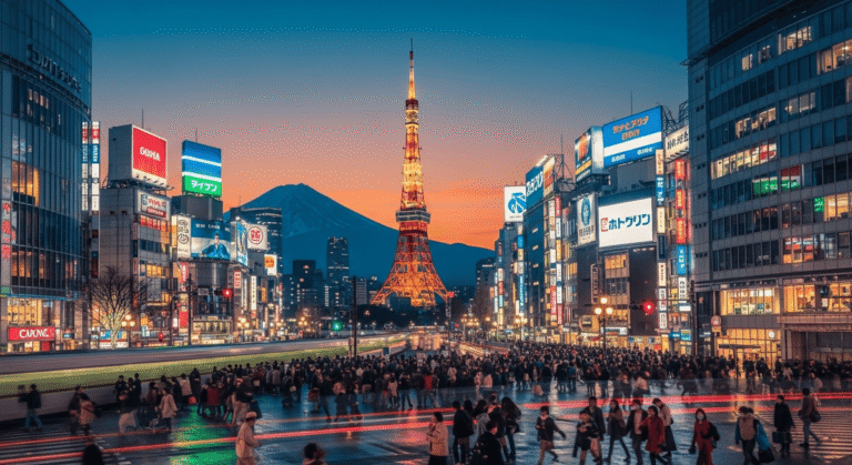 Tokyo Travel Guide: Tokyo skyline at dusk with Tokyo Tower, Mount Fuji, and Shibuya Crossing, symbolising Japan travel planning.