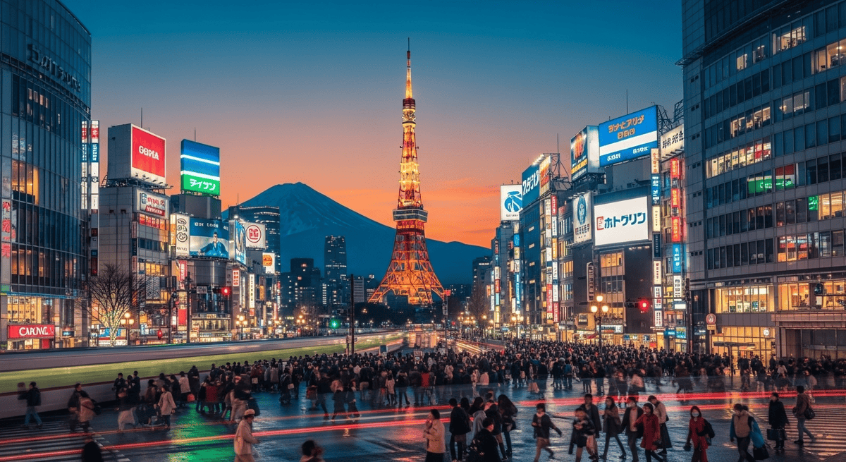 Tokyo Travel Guide: Tokyo skyline at dusk with Tokyo Tower, Mount Fuji, and Shibuya Crossing, symbolising Japan travel planning.