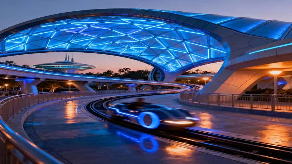 Dusk scene of Tomorrowland with glowing TRON Lightcycle / Run canopy in Magic Kingdom, Florida.