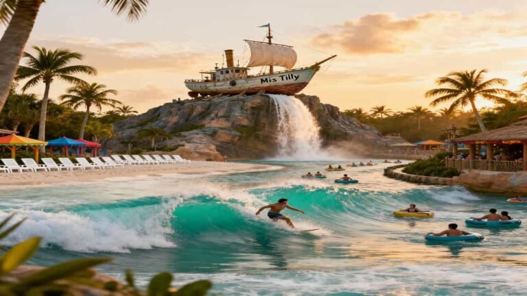 Wide, late‑afternoon view of Typhoon Lagoon with surfers on the wave pool, Mount Mayday and Miss Tilly in the background, palm trees, cabanas and families on inner tubes.