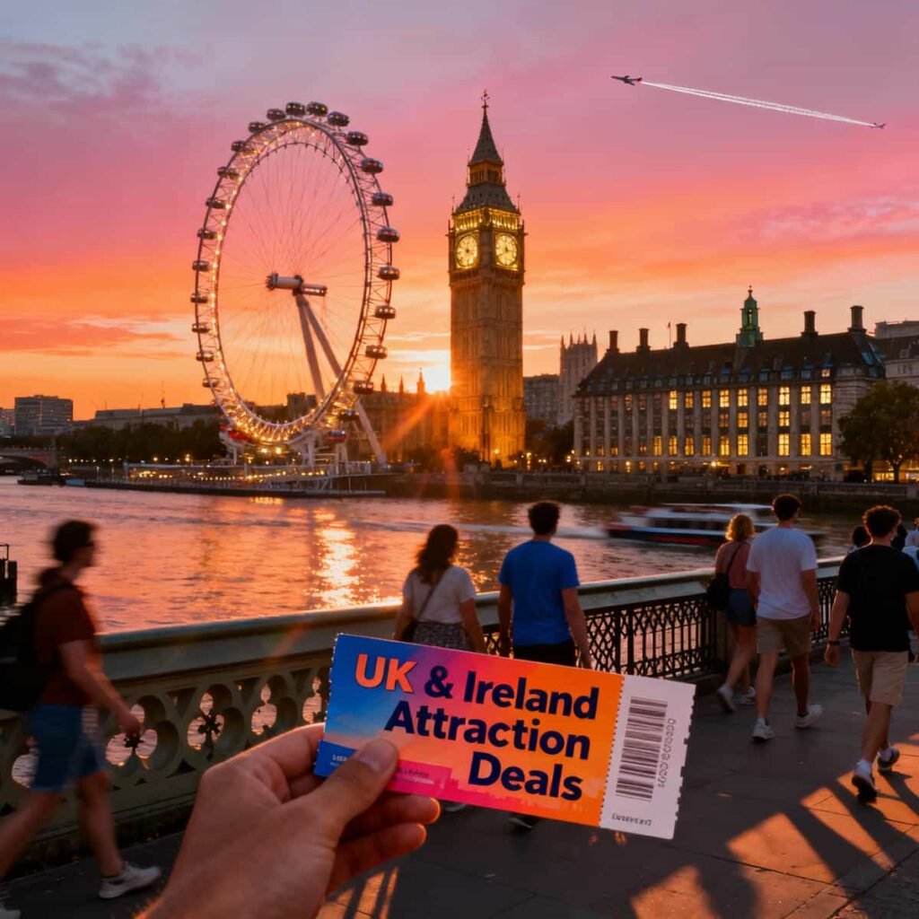 Tourists holding attraction tickets with the London Eye and Big Ben at sunset