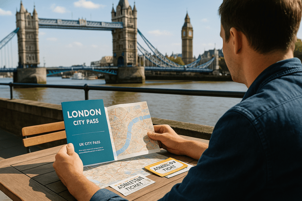 Tourist planning a trip in London with Tower Bridge and Big Ben in the background, using a city pass booklet and tickets