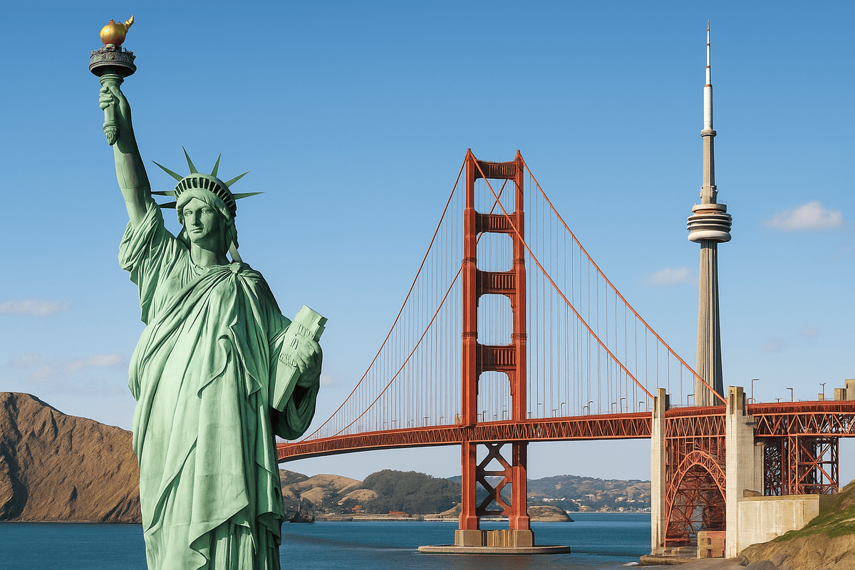 USA & Canada Attraction Tickets: A panoramic daylight image showing the Statue of Liberty, Golden Gate Bridge, and CN Tower under clear blue skies.