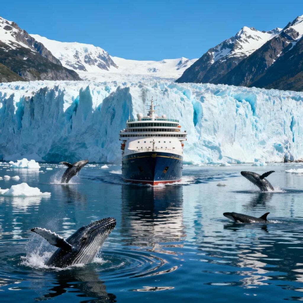 Cruise ship sailing past a glacier with mountains and whales in Alaska