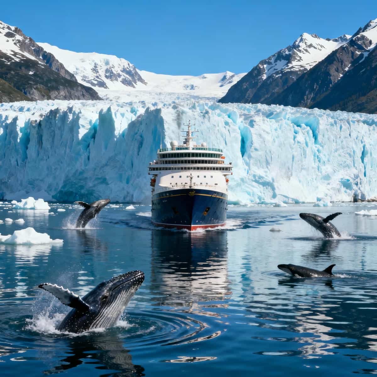 Cruise ship sailing past a glacier with mountains and whales in Alaska