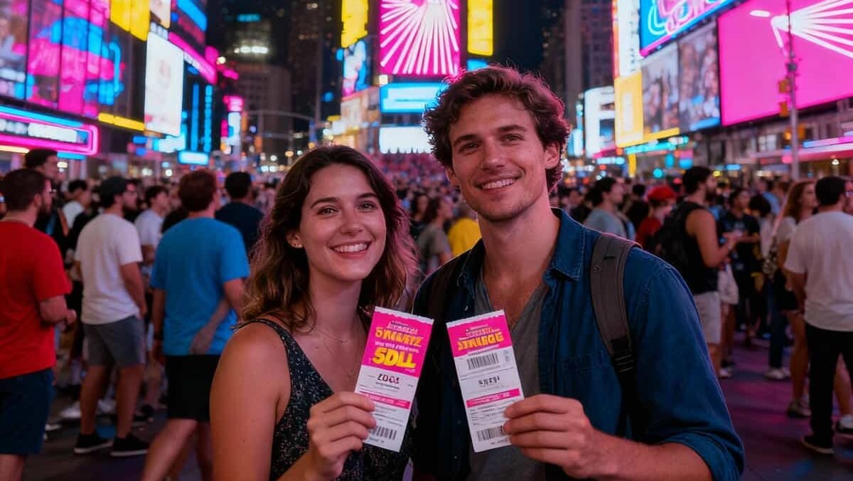 Visitors holding attraction tickets in Times Square at night