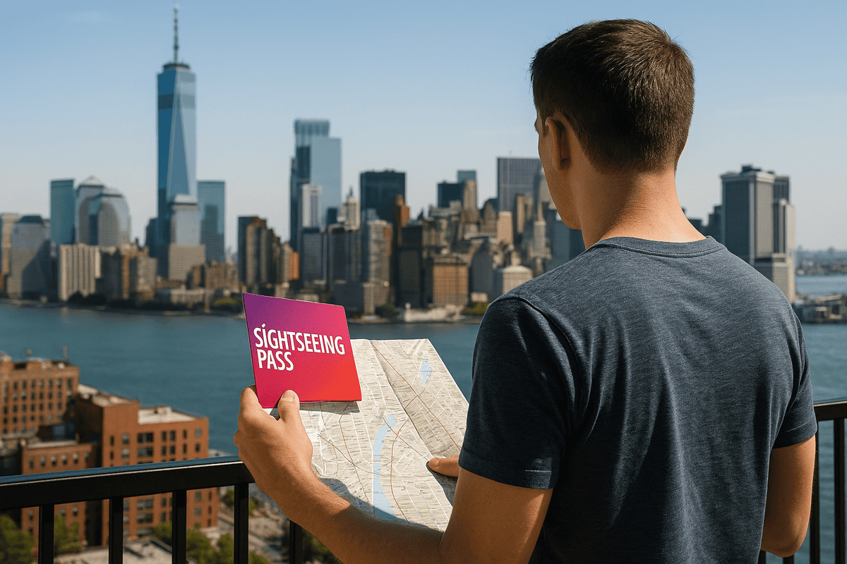 Traveller in New York with a map and sightseeing pass, overlooking Manhattan skyline and Statue of Liberty