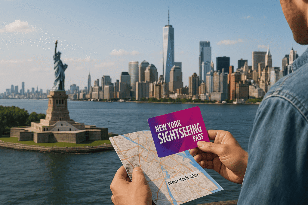 Traveller in New York holding a sightseeing pass and map with Statue of Liberty and skyline in background