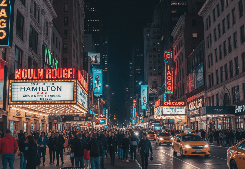 Broadway theatres lit up at night in New York with crowds on the sidewalks