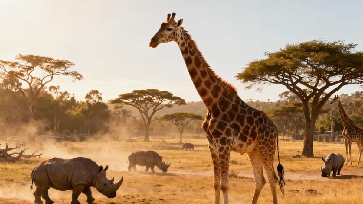 Giraffes and rhinos roaming at San Diego Zoo Safari Park with visitors in a safari truck