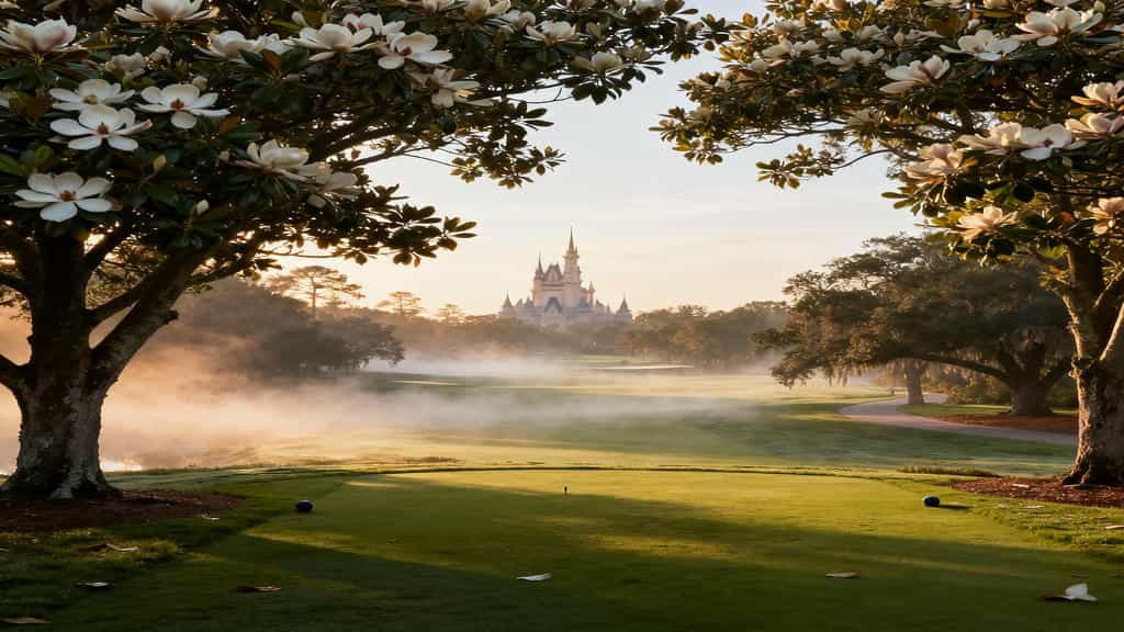 Walt Disney World Golf Courses Guide: Golfer teeing off at sunrise on Disney’s Magnolia Golf Course with magnolia trees, early-morning mist, and Cinderella Castle in the distance.