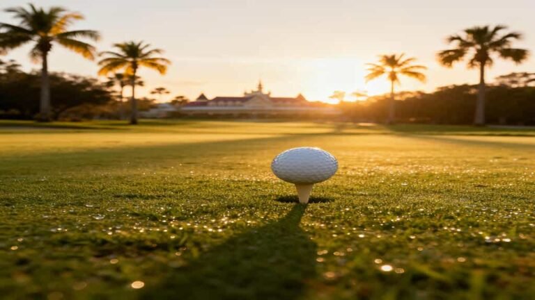 Sunrise view of a golf ball on a tee at a Walt Disney World golf course with palm trees and soft golden light in the background.