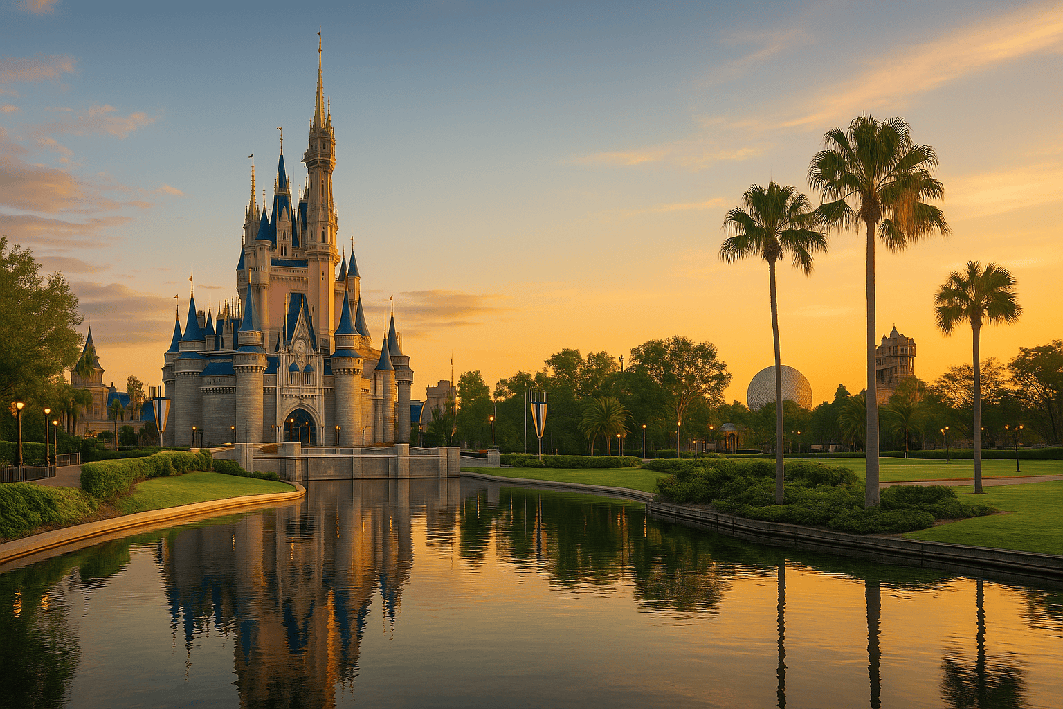 Golden-hour panoramic view of Walt Disney World Resort with Cinderella Castle in the center and other park icons in the distance, symbolising the complete Disney experience for the Walt Disney World Guides hub.