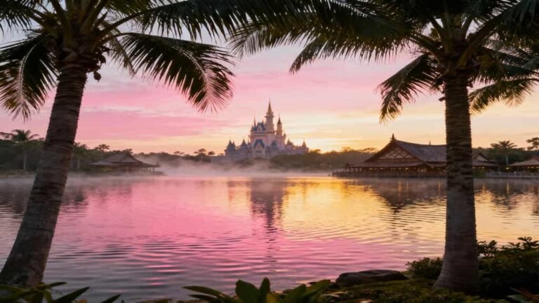 Sunrise view across Seven Seas Lagoon with reflections of Disney’s Polynesian Village Resort and Cinderella Castle beyond.