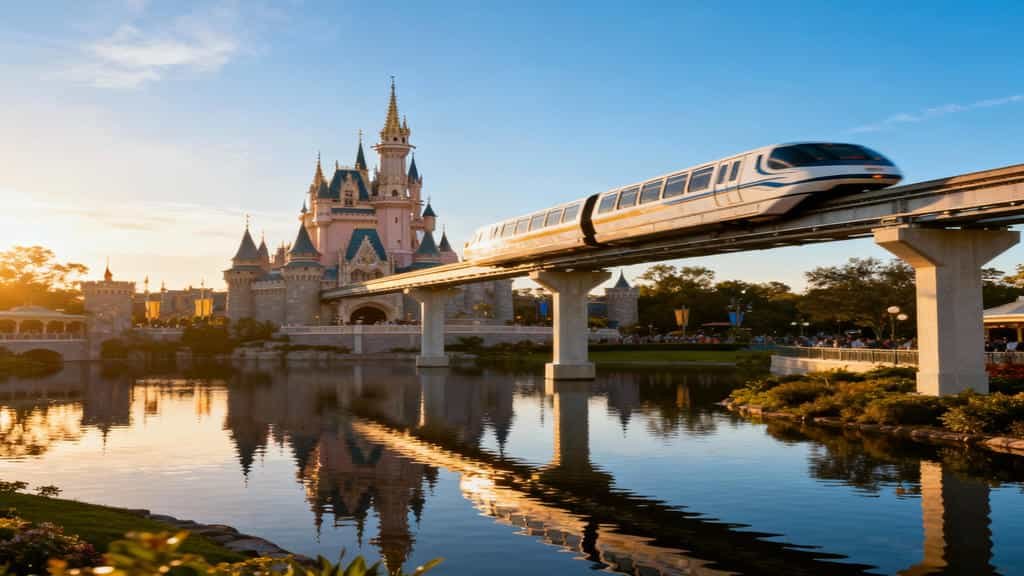 Disney Monorail passing through the Contemporary Resort with blue sky, palm trees, and reflections on the lagoon below.