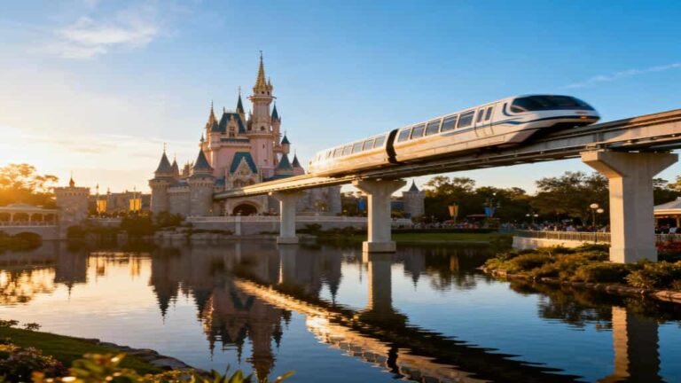Disney Monorail crossing Seven Seas Lagoon toward Cinderella Castle at sunrise, surrounded by calm reflections and clear blue skies.
