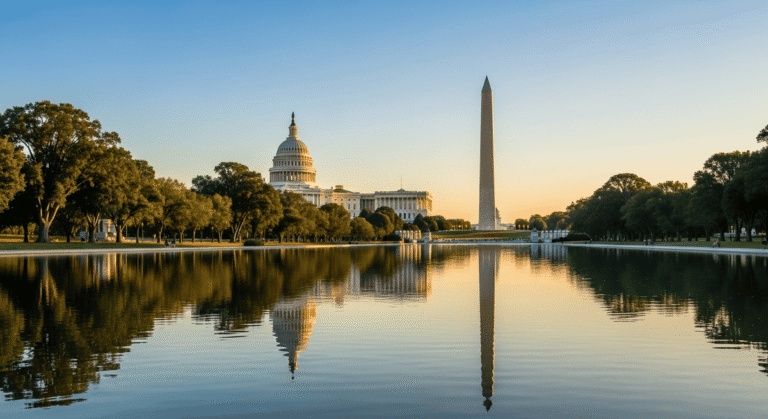Washington D.C. Travel Guide: U.S. Capitol and Washington Monument with sunrise reflections, symbolising Washington D.C. travel.