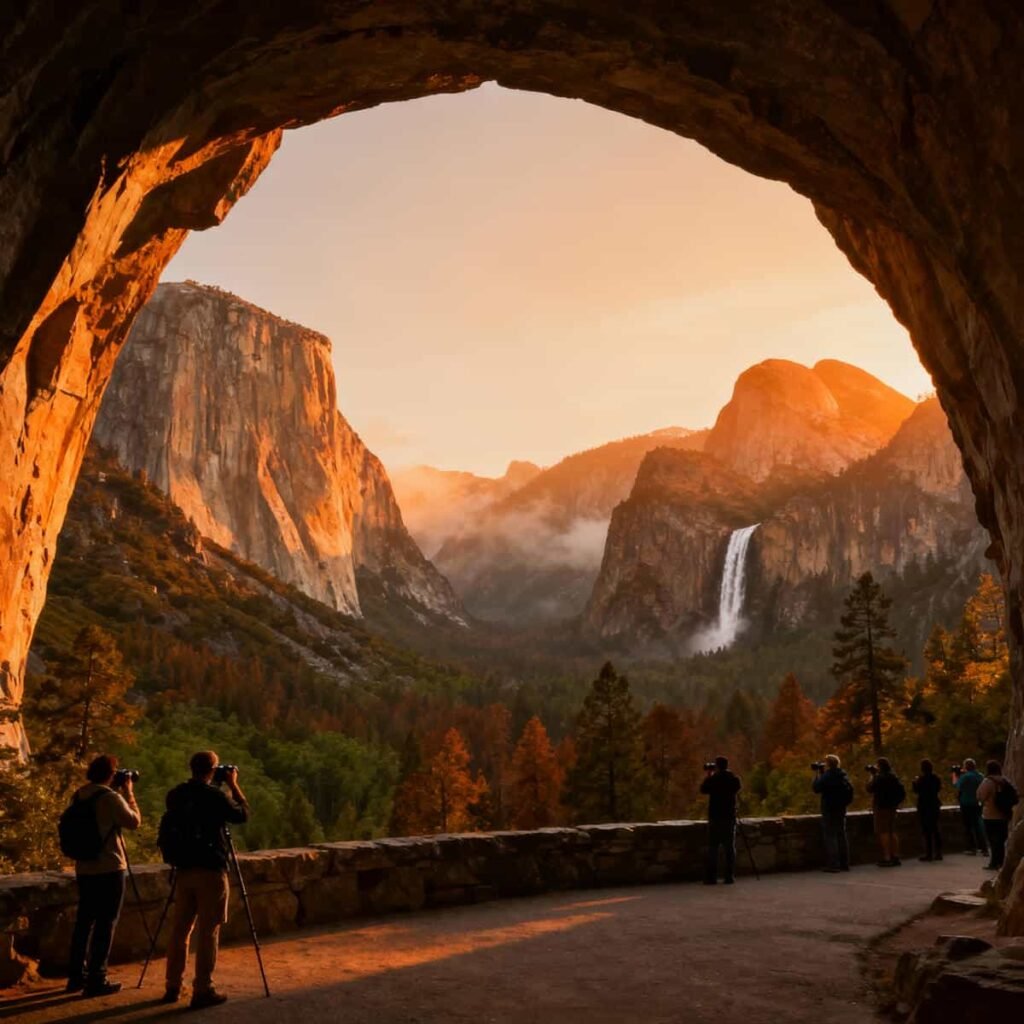 Yosemite National Park Tour: Visitors viewing El Capitan and Half Dome from Tunnel View at Yosemite National Park.